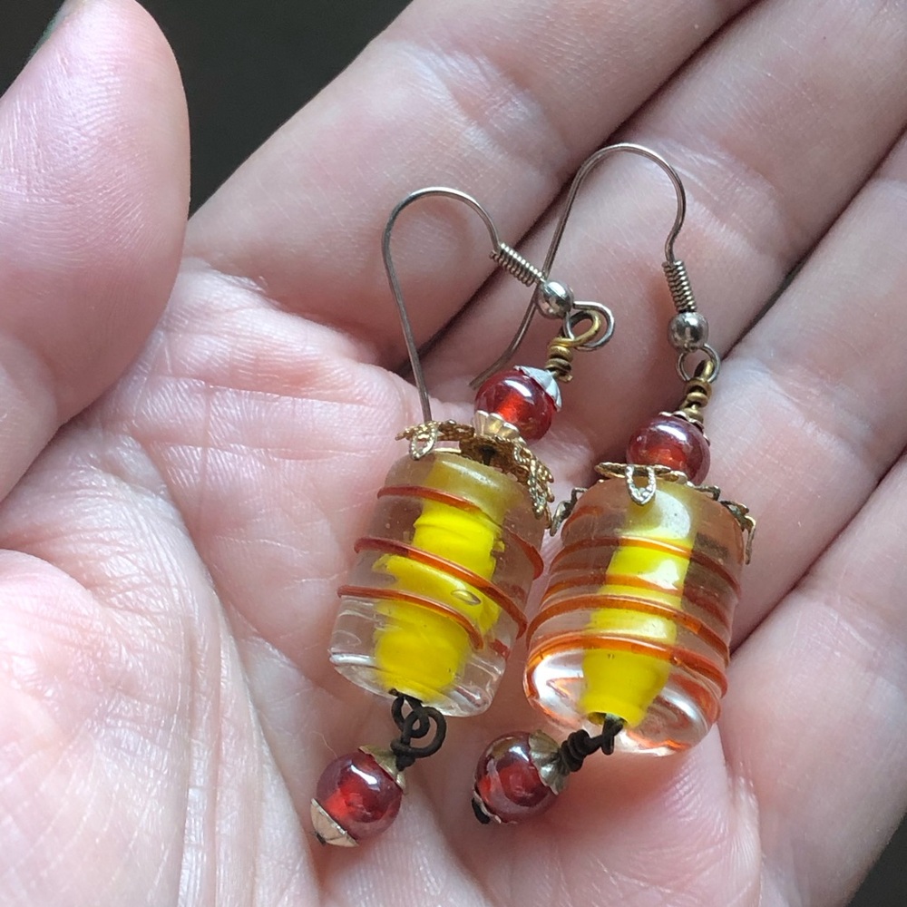 Vintage dangling art glass earrings citrus sommerso orange red swirl